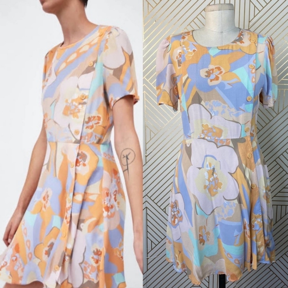 NWT ZARA Womens Retro Pastel Colorful Side Button Short Sleeve Dres